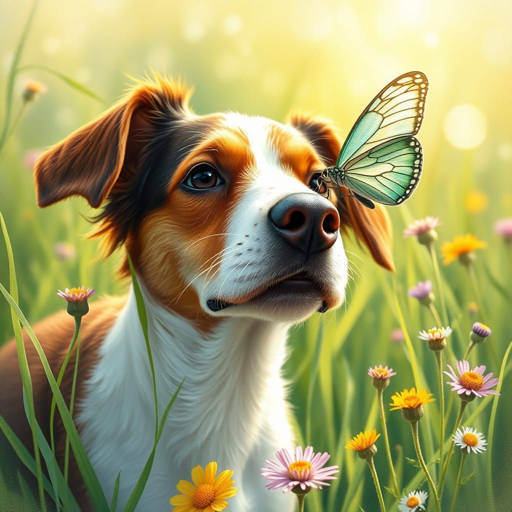 Whimsical Green Butterfly Lands on a Curious Dog's Nose