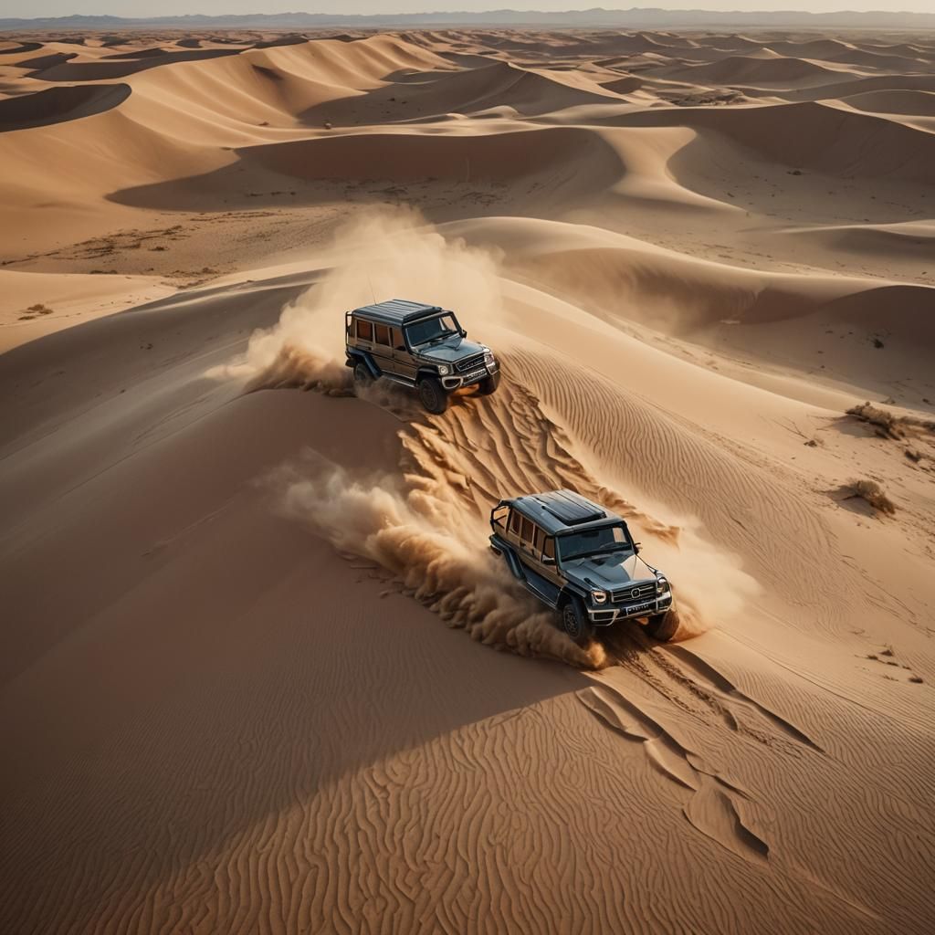 Mercedes G63 Jumps Over Dune in Golden Light