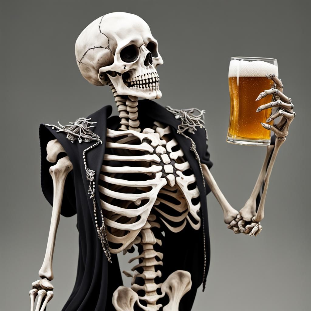 Sassy Skeleton Lady Drinking Beer