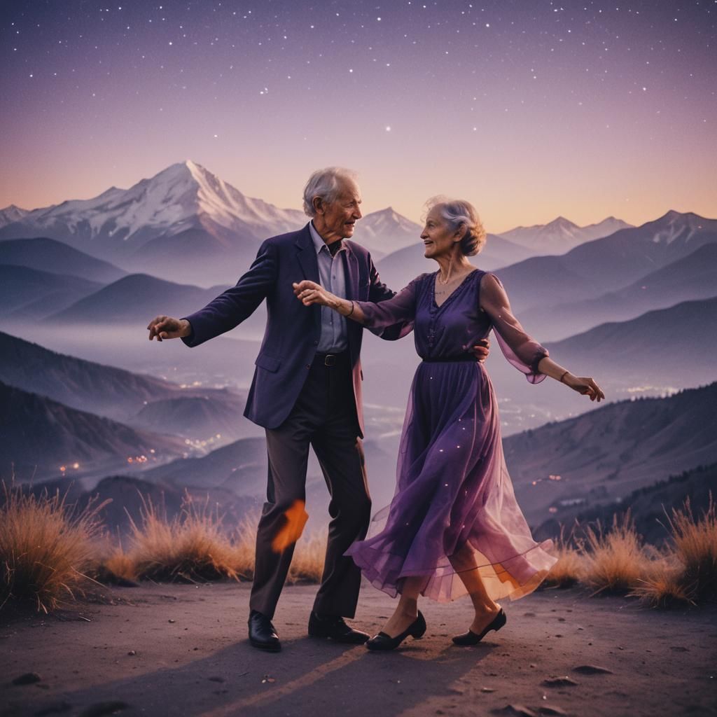 Older Couple Dancing in Starry Double Exposure