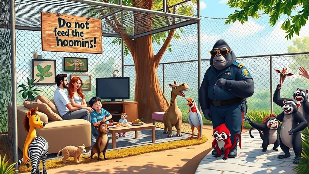 Humorous Cartoon Sign Warns of Feeding Hoomins