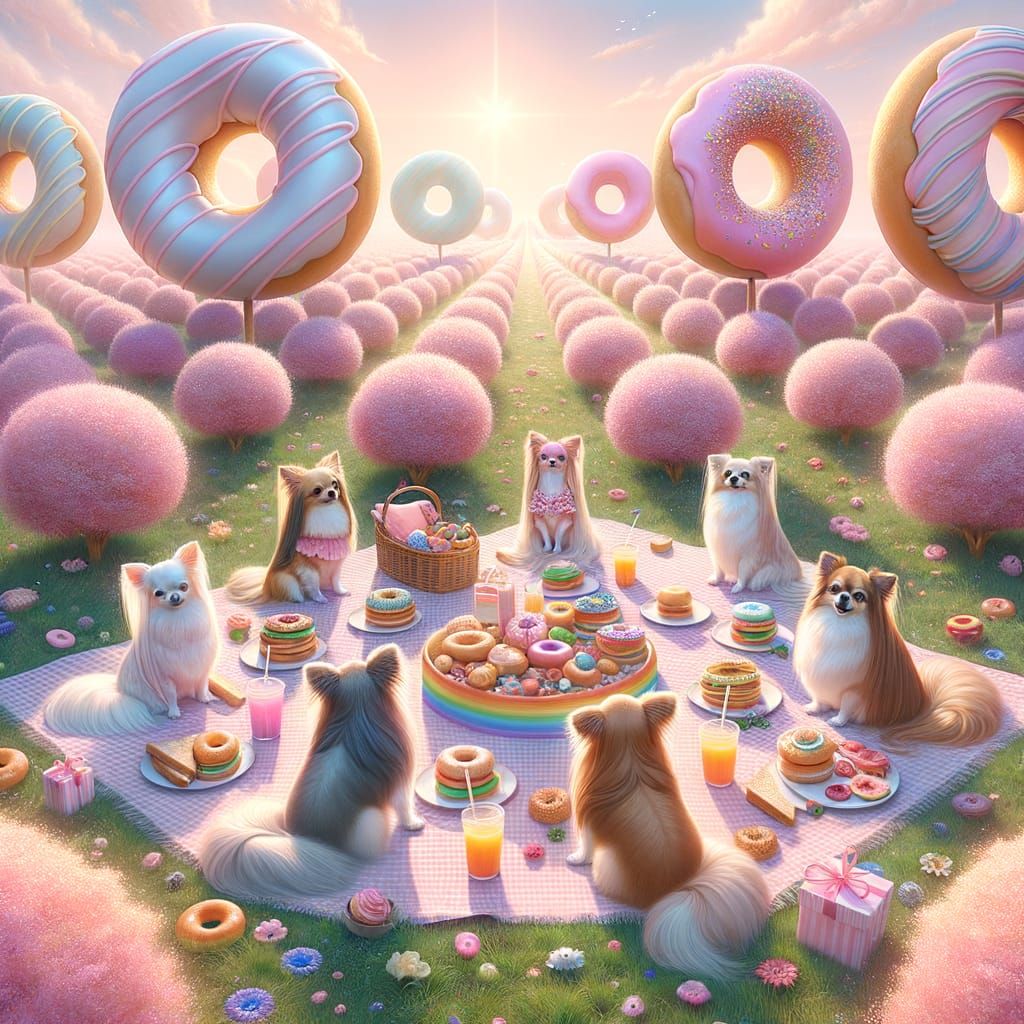 Chihuahuas Picnic on Donut Field in Kawaii Style