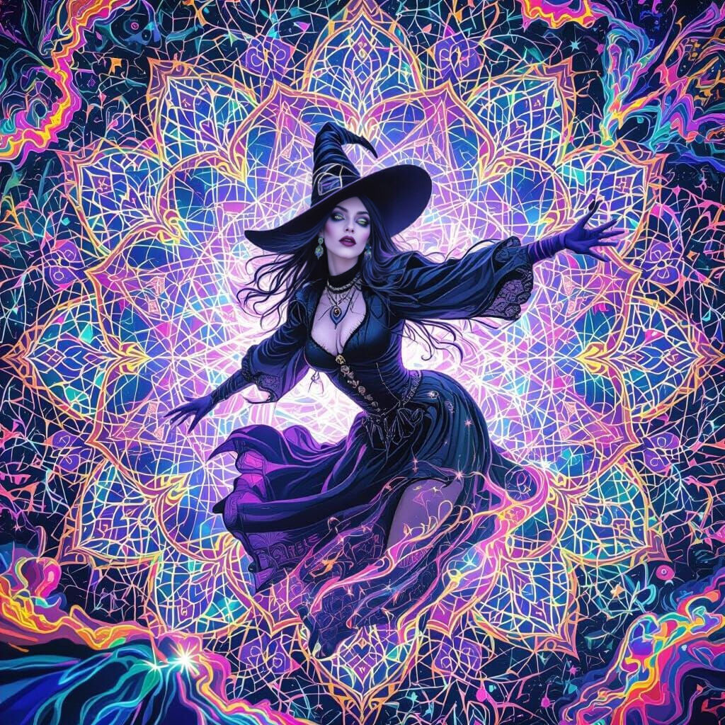 Psychedelic Goth Witch in Fractal Hallucination