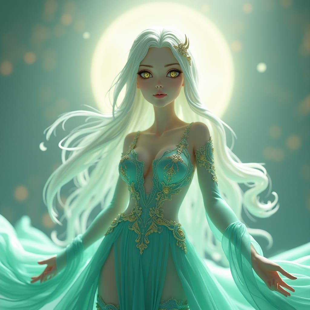 Elegant Sea-Green Goddess with Golden Eyes in Anime Style
