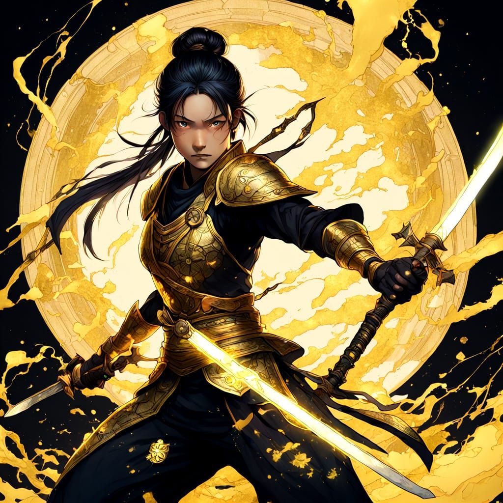 Bioluminescent Kintsugi Swordswoman in Golden Light