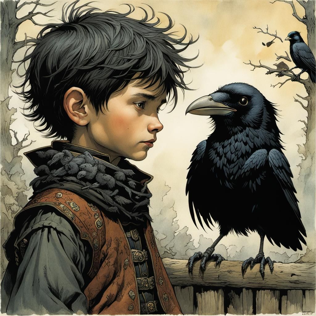 Outsider and Crow: Whimsical Fantasy Illustration