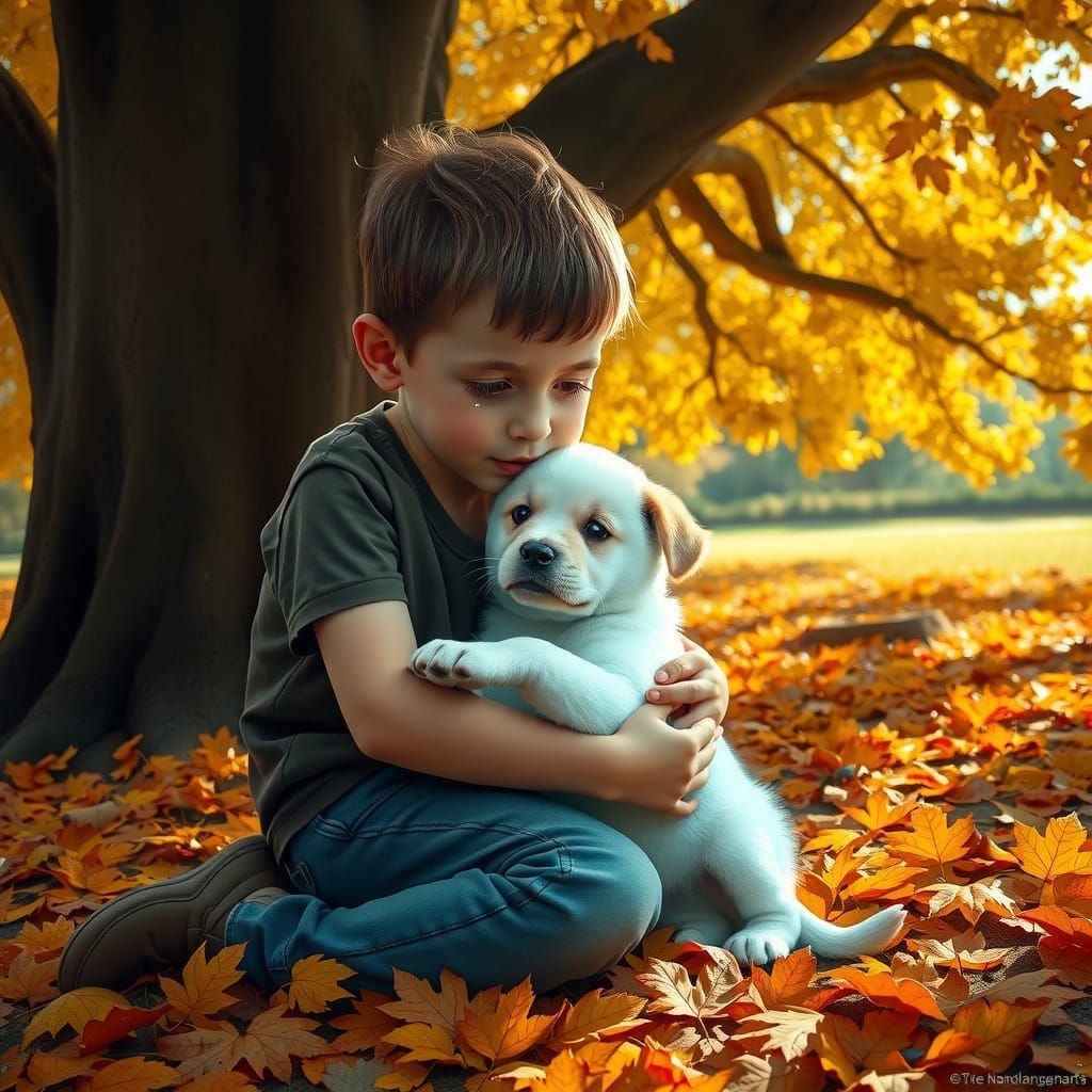 Young Boy Mourns Angel Puppy Under Majestic Oak in Autumn