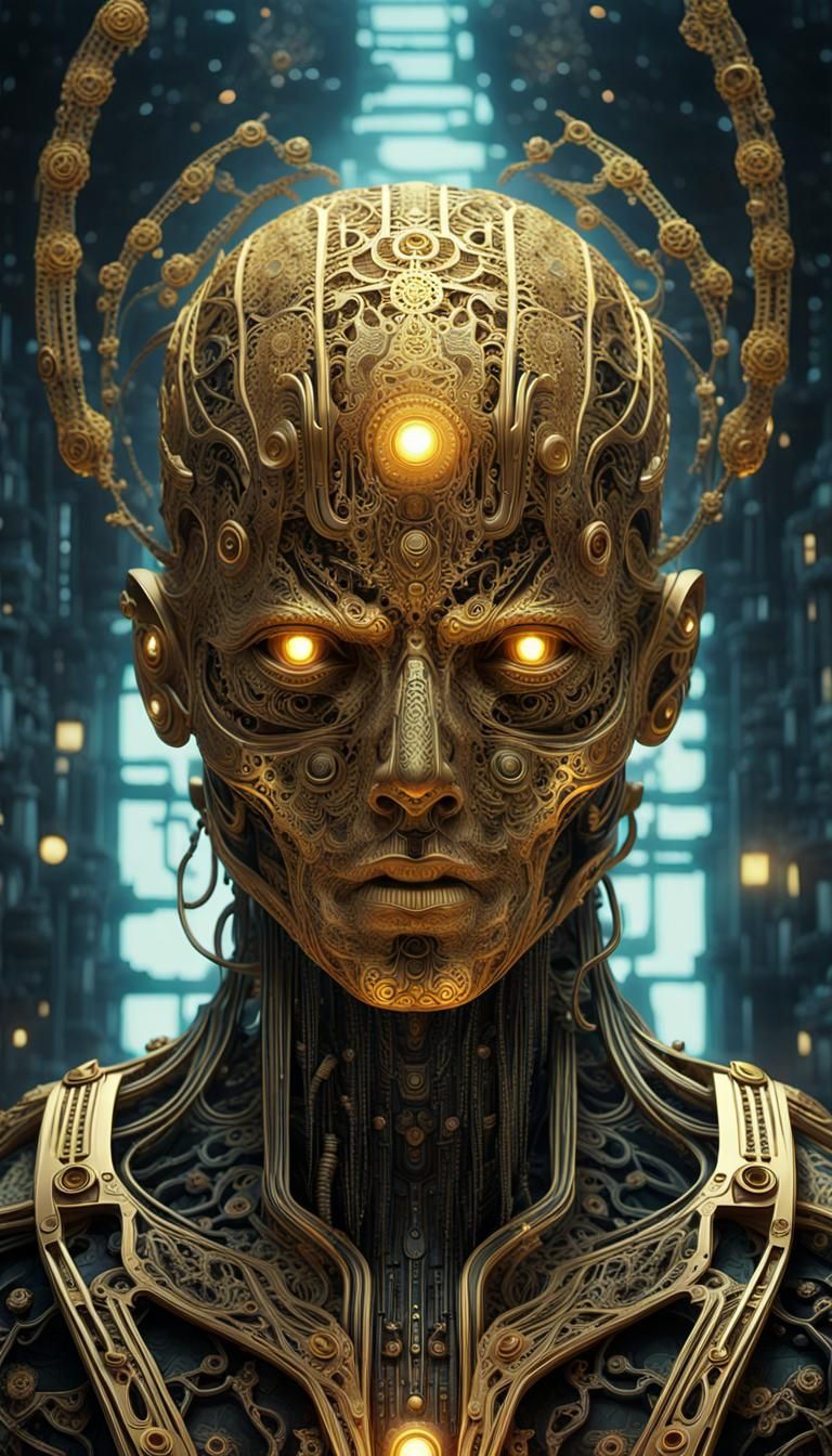 Cyberpunk Soul Data Sculpture in Golden Light