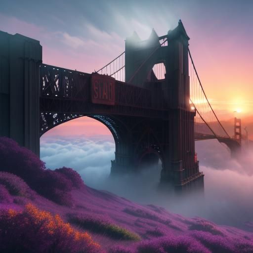 Surreal Golden Gate Landscape with Green Sun