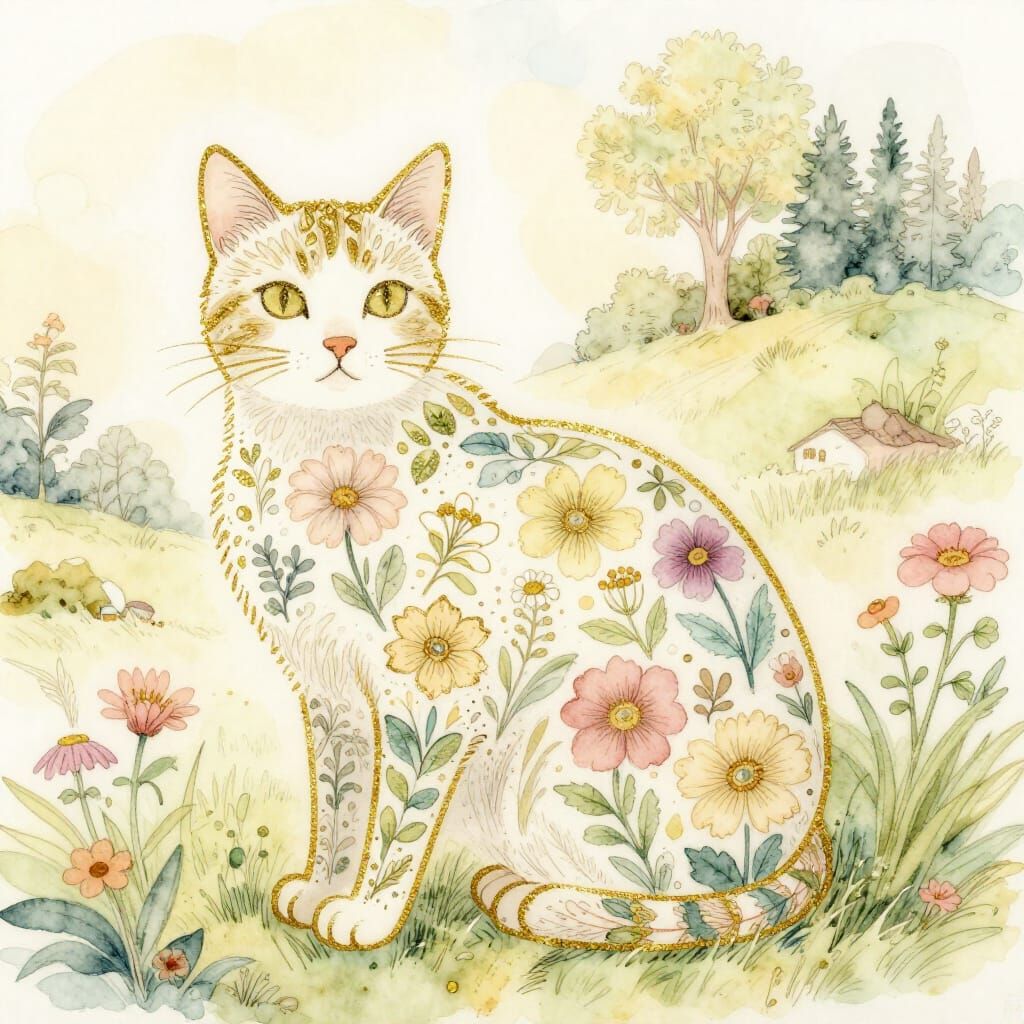 Whimsical Watercolor Cat Filled With Floral Doodles