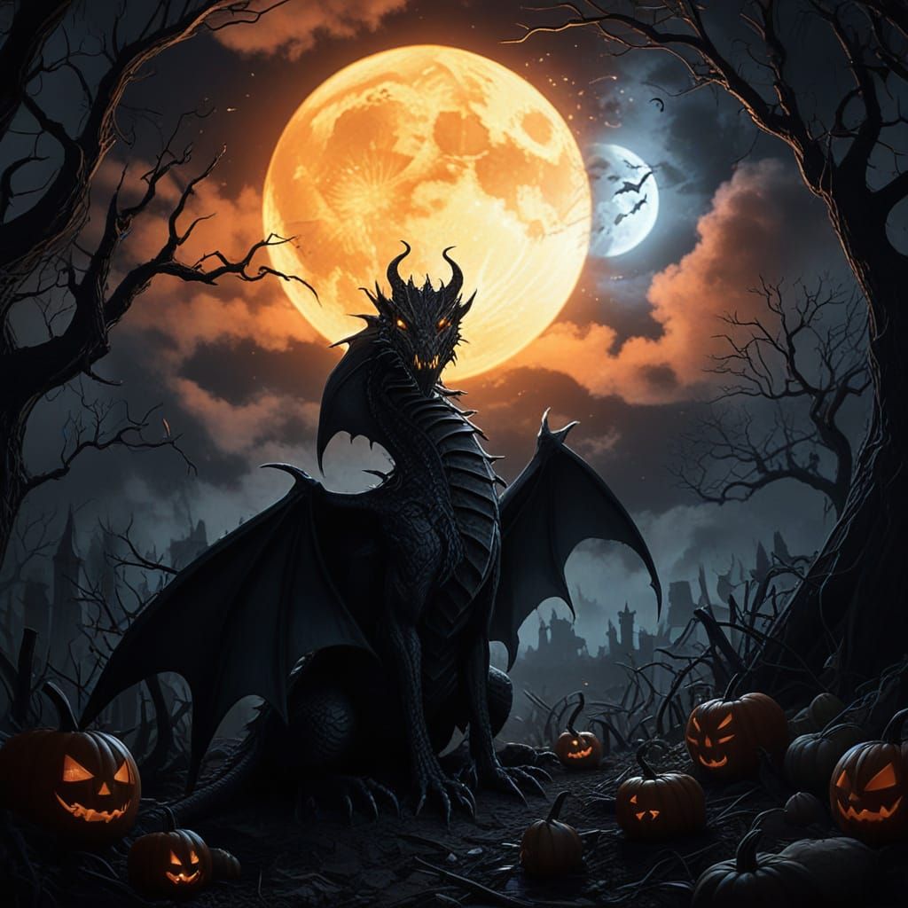 Dragon in Pumpkin Patch: Dark Fantasy Charcoal Art