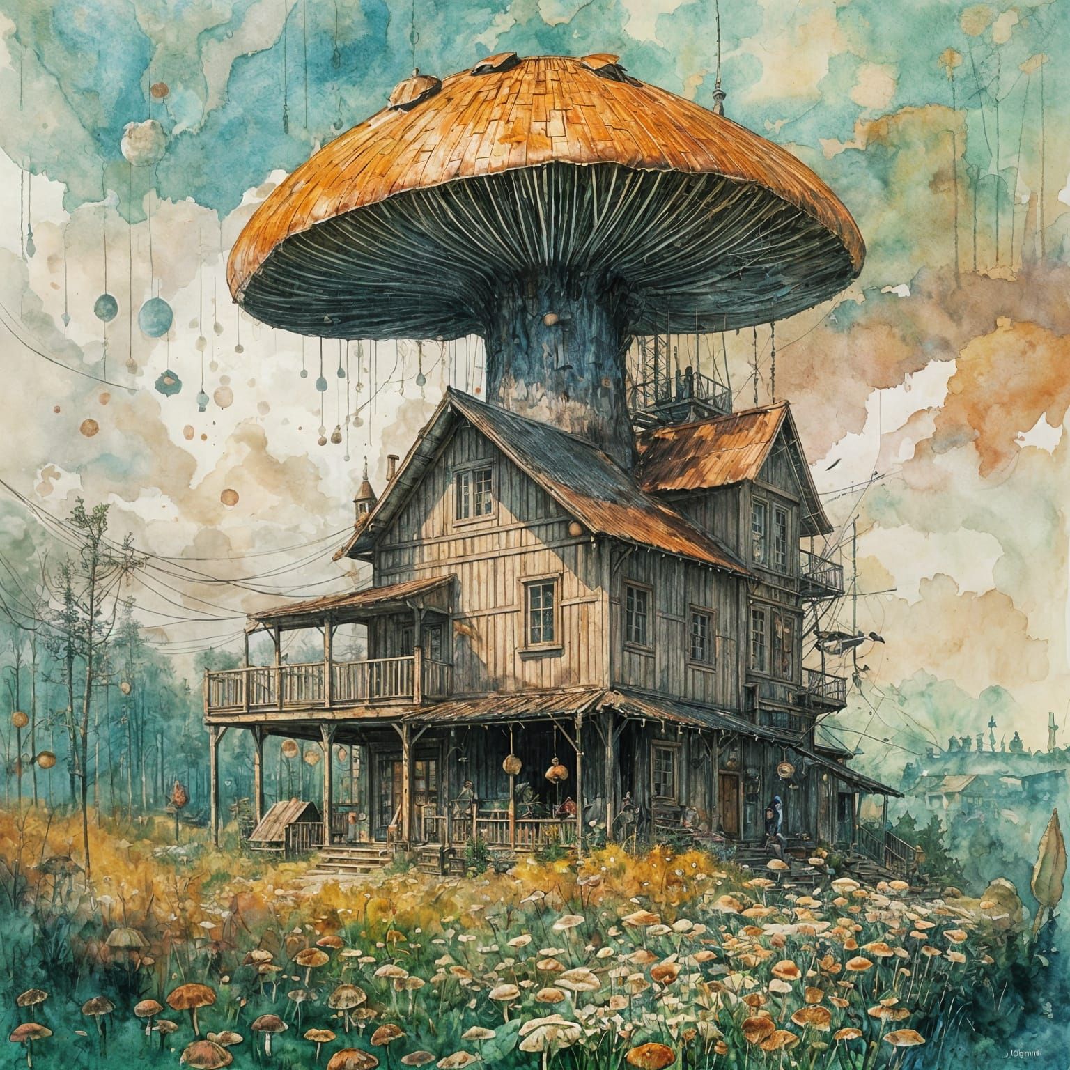 Vibrant Mushroom Home in Impressive Impasto Gouache Style