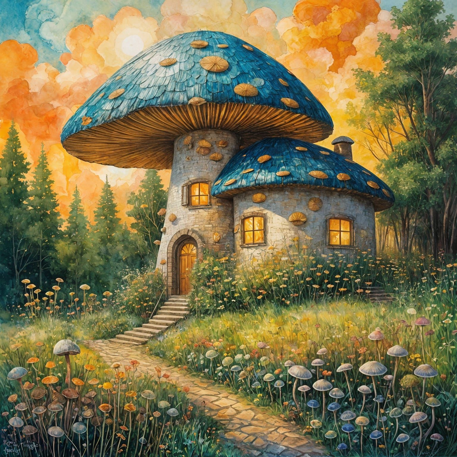 Whimsical Mushroom Mansion in Gouache Masterpiece