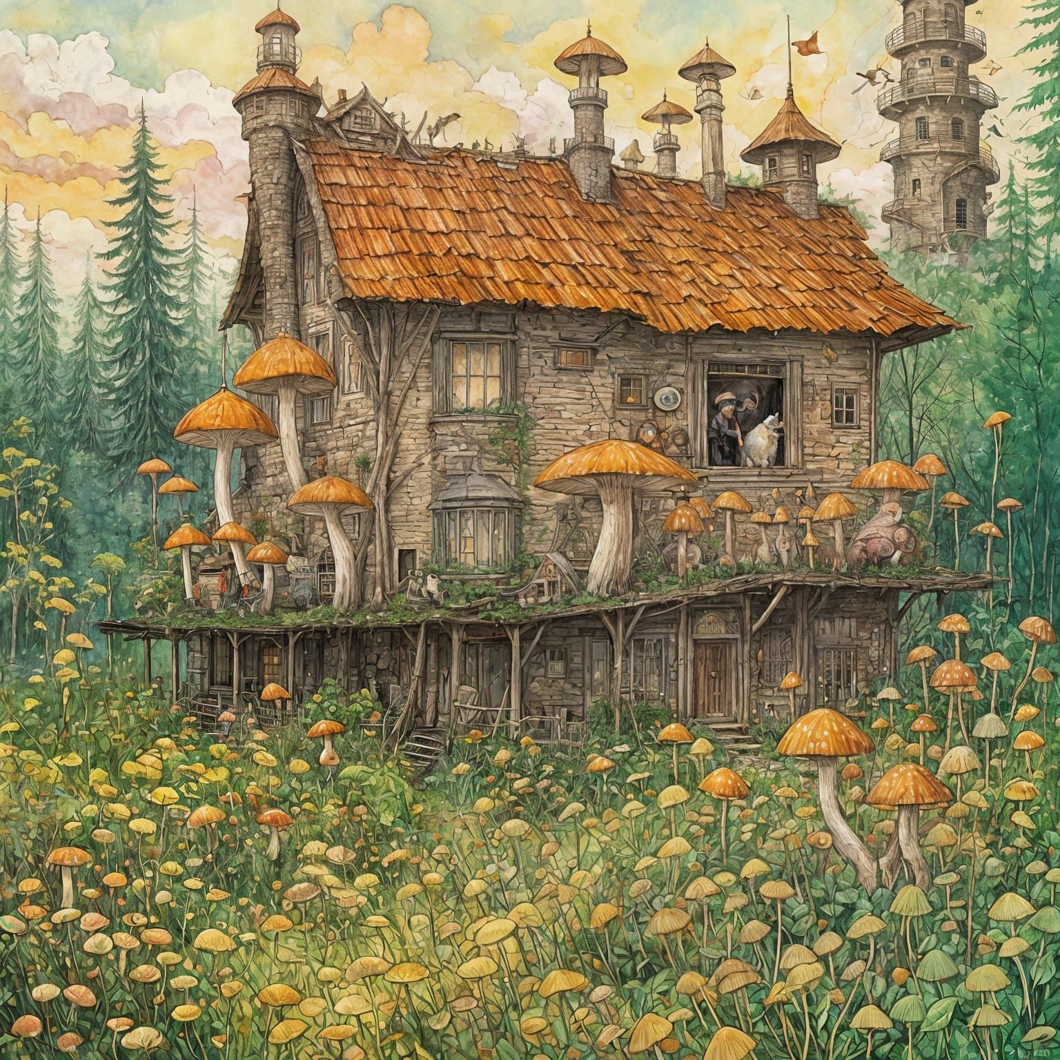 Ethereal Mushroom Mansion in Impressive Impasto Gouache Styl...