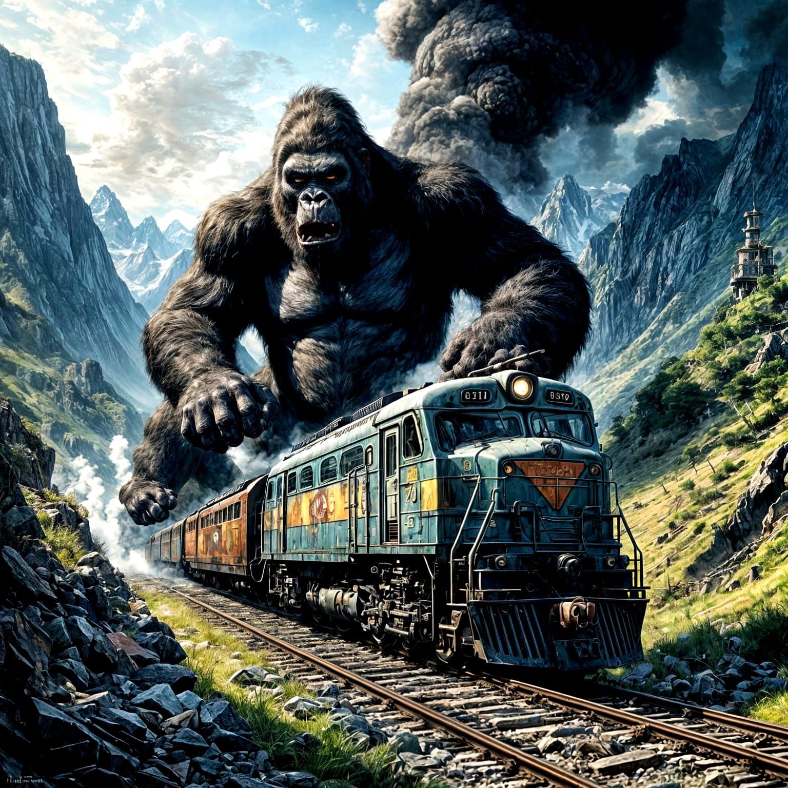 King Kong destroying a diesel electric train in the mountains!