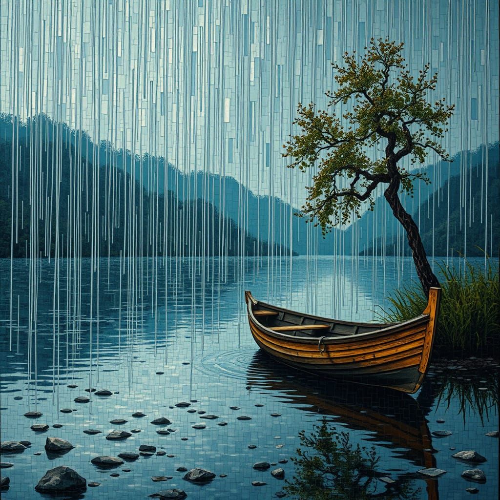 Stormy Lake Scene in Abstract Aetherpunk Style