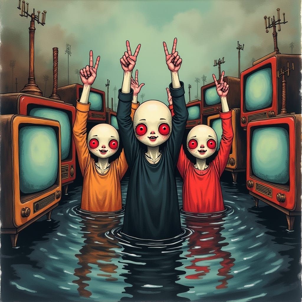 Gothic Family Drowns in Oil as TV Static Engulfs Them