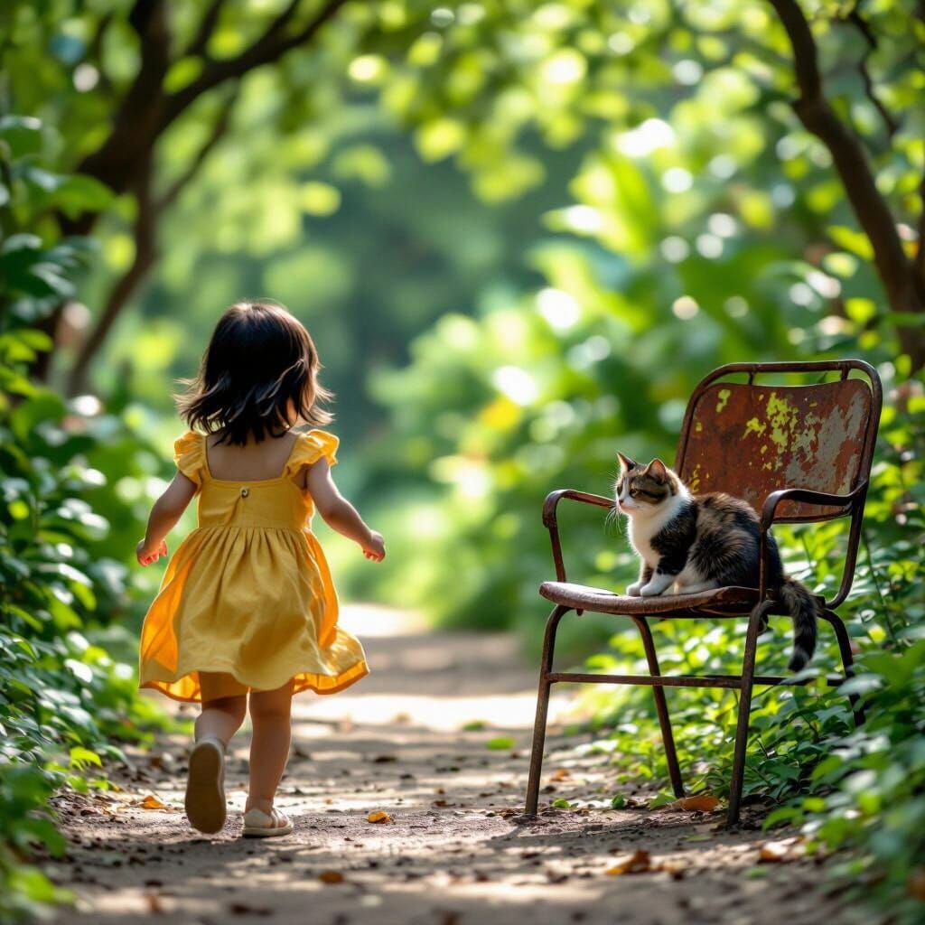 Asian Girl, Tourist, and Cat in Realistic Movie Scene