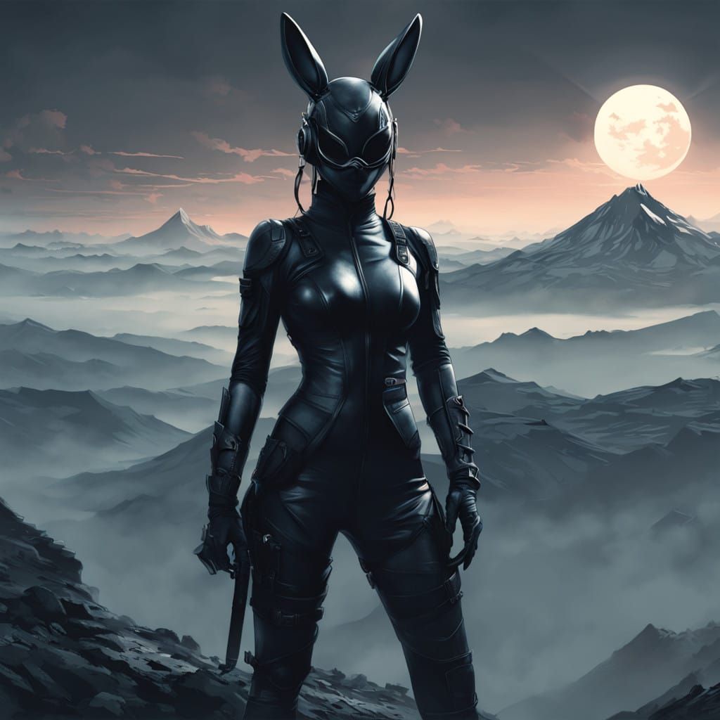 Sleek Female Ninja Bunny Stands on Misty Mountain Peak