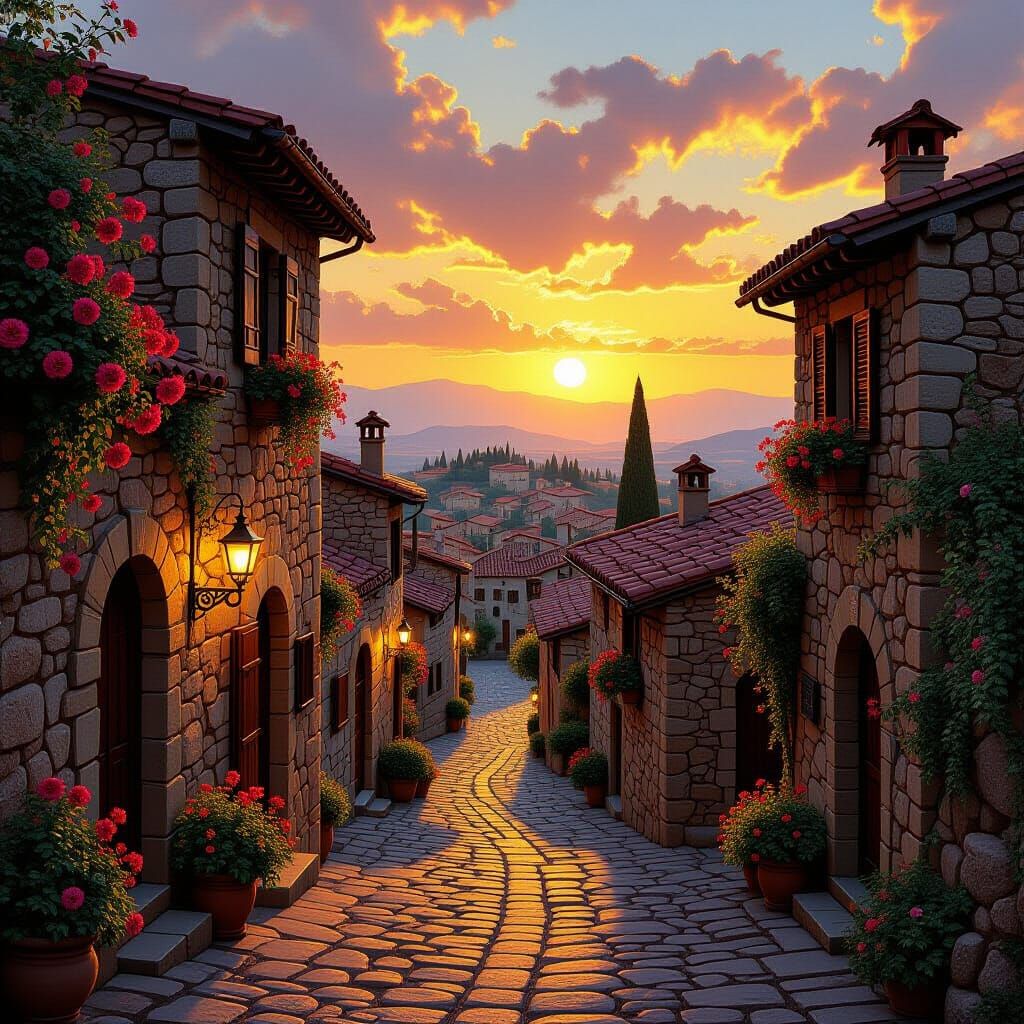 Tuscan Old Town Sunset with Gothic Fantasy Style