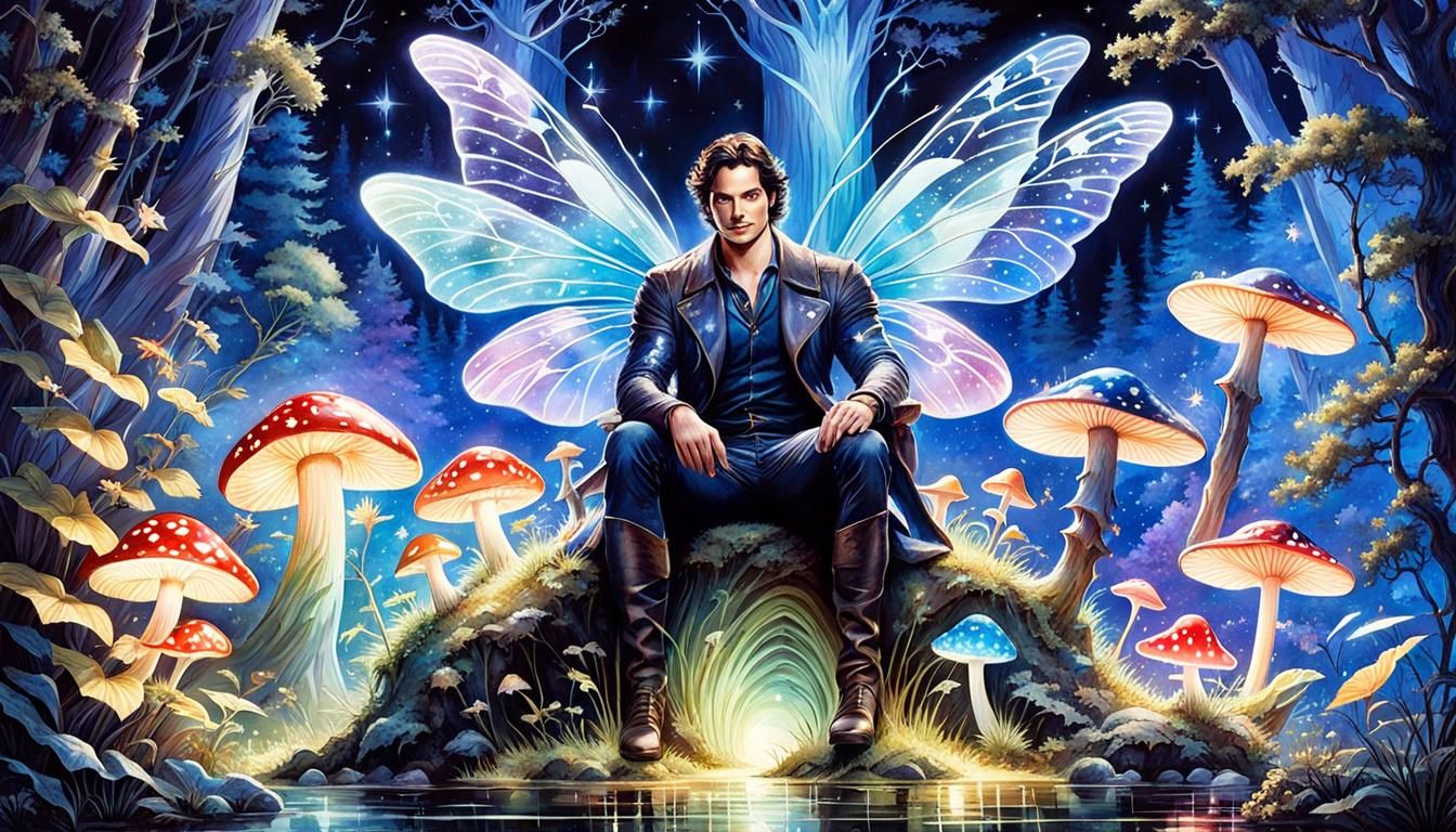 Fairy Prince on Bioluminescent Mushroom, Watercolor Art