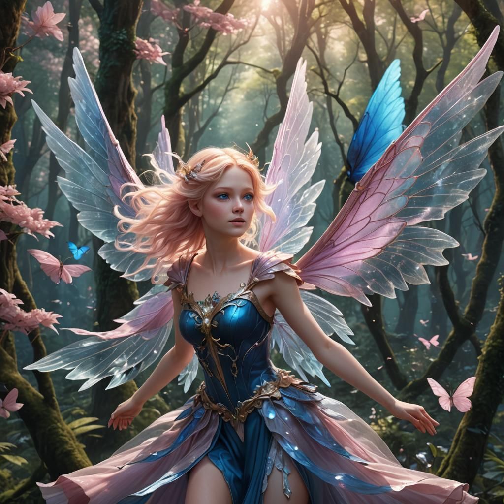 Blond Fairy Flight Through Magical Forest: Digital Art