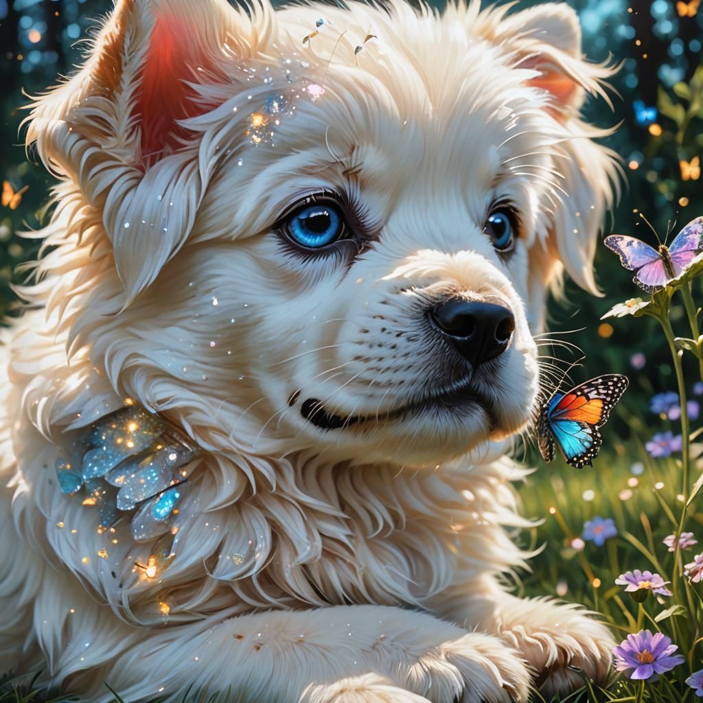 Cute Puppy with Butterfly in Enchanted Meadow