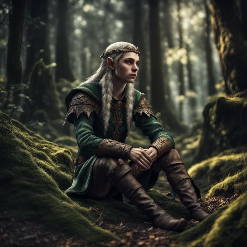 Elf Sitting in Forest: Hyperrealistic 64 Megapixel Image