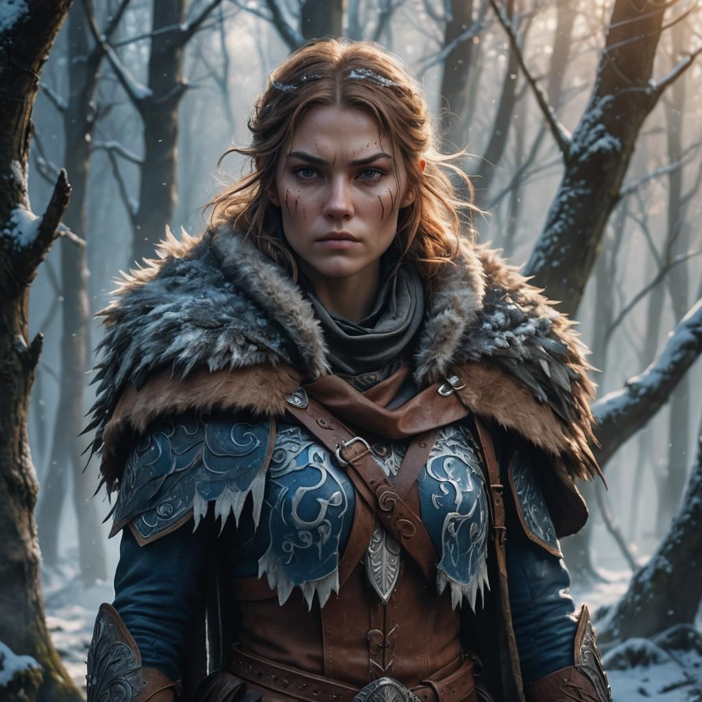 Nordic Woman Warrior in Mystical Forest, Digital Art