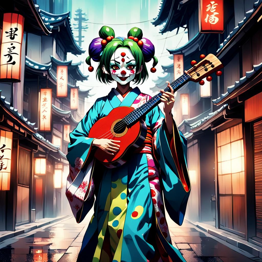 Anime Jester Girl Plays Shamisen in Tokyo Street