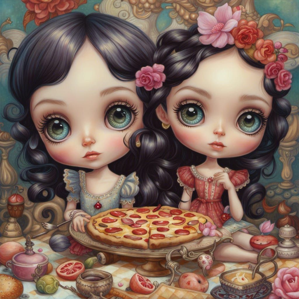 Blythe Dolls Share Pizza: Pop Surrealism Style