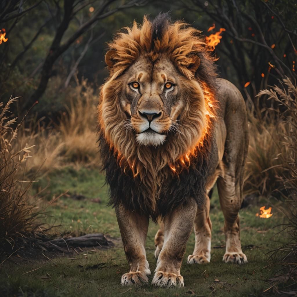 A lion with a mane made of glowing, fiery energy.