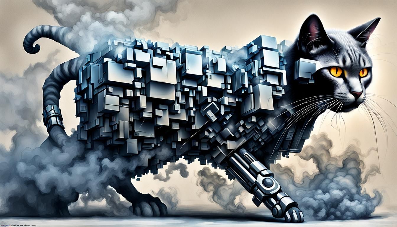 Singing Cyborg Cat in Smoky, Glowing Art