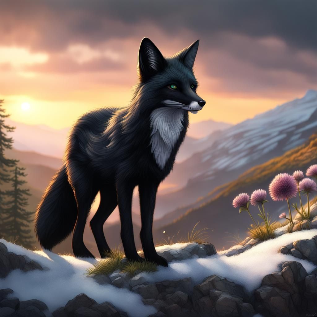 Black Fox on Mountain, Detailed Fantasy Art