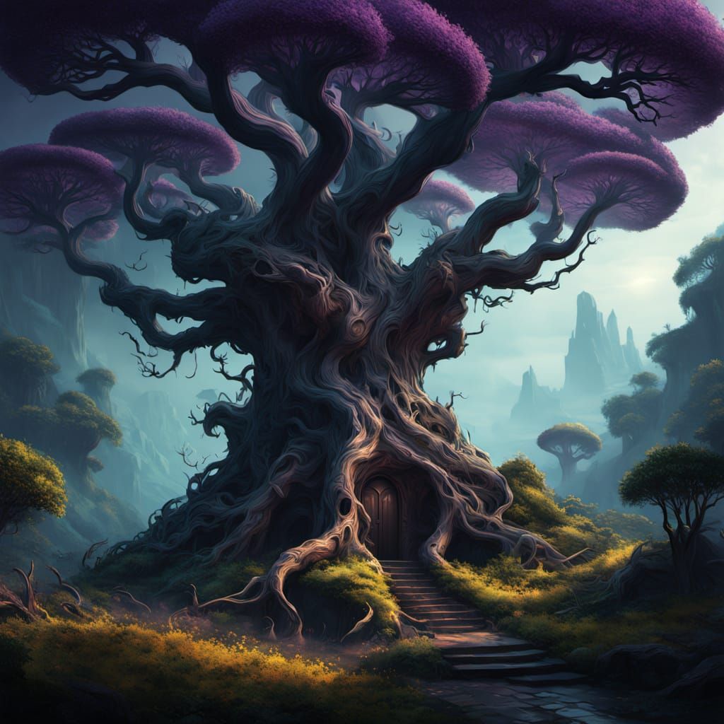 Ancient Tree in Creepy Garden: Digital Illustration