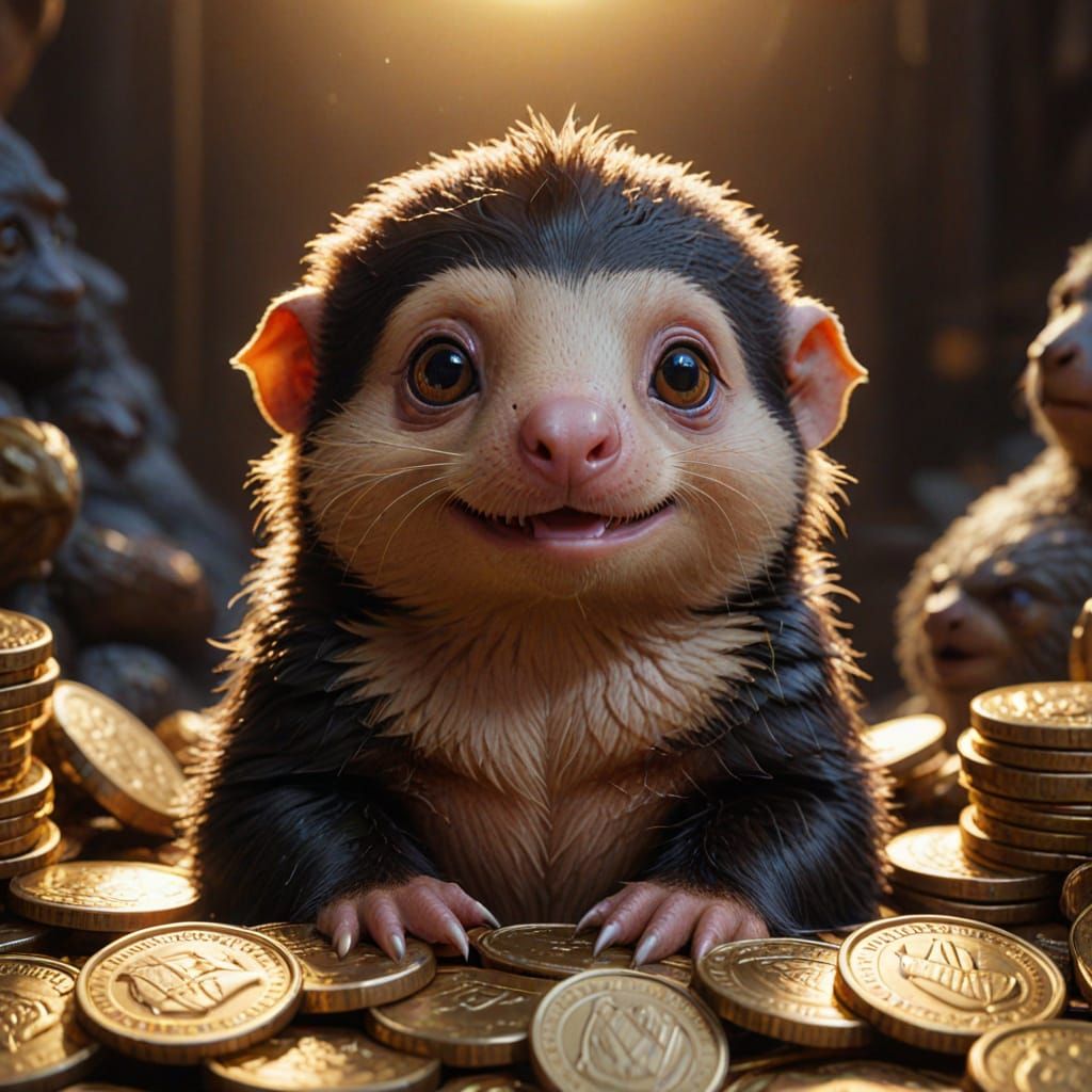 Baby Niffler Portrait on Gold Coins: Hyper-Realistic Art