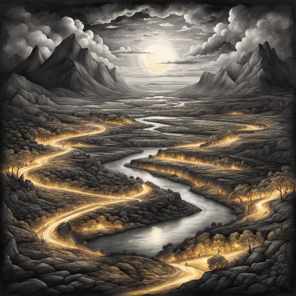 Epic Landscape with Golden Lights, Charcoal Drawing
