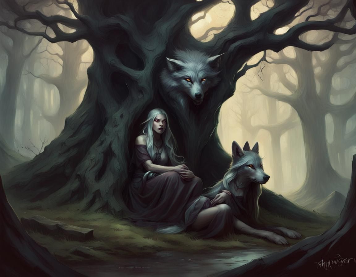Dark Fantasy Scene with Druid and Wolf