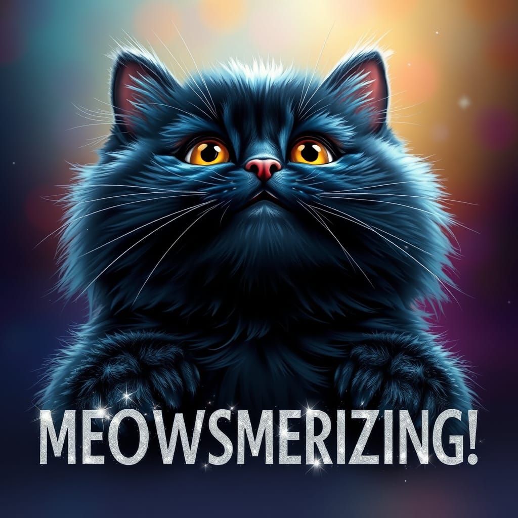 Majestic Dark-Blue Chibi Cat with Cheerful Smile and Sparkli...
