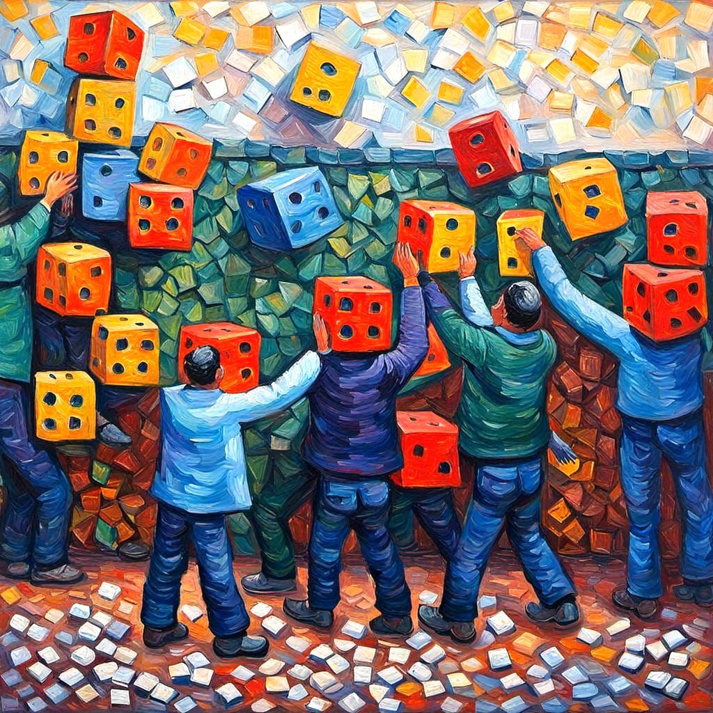 Mothers Gambling: Neo-Impressionist Oil Painting