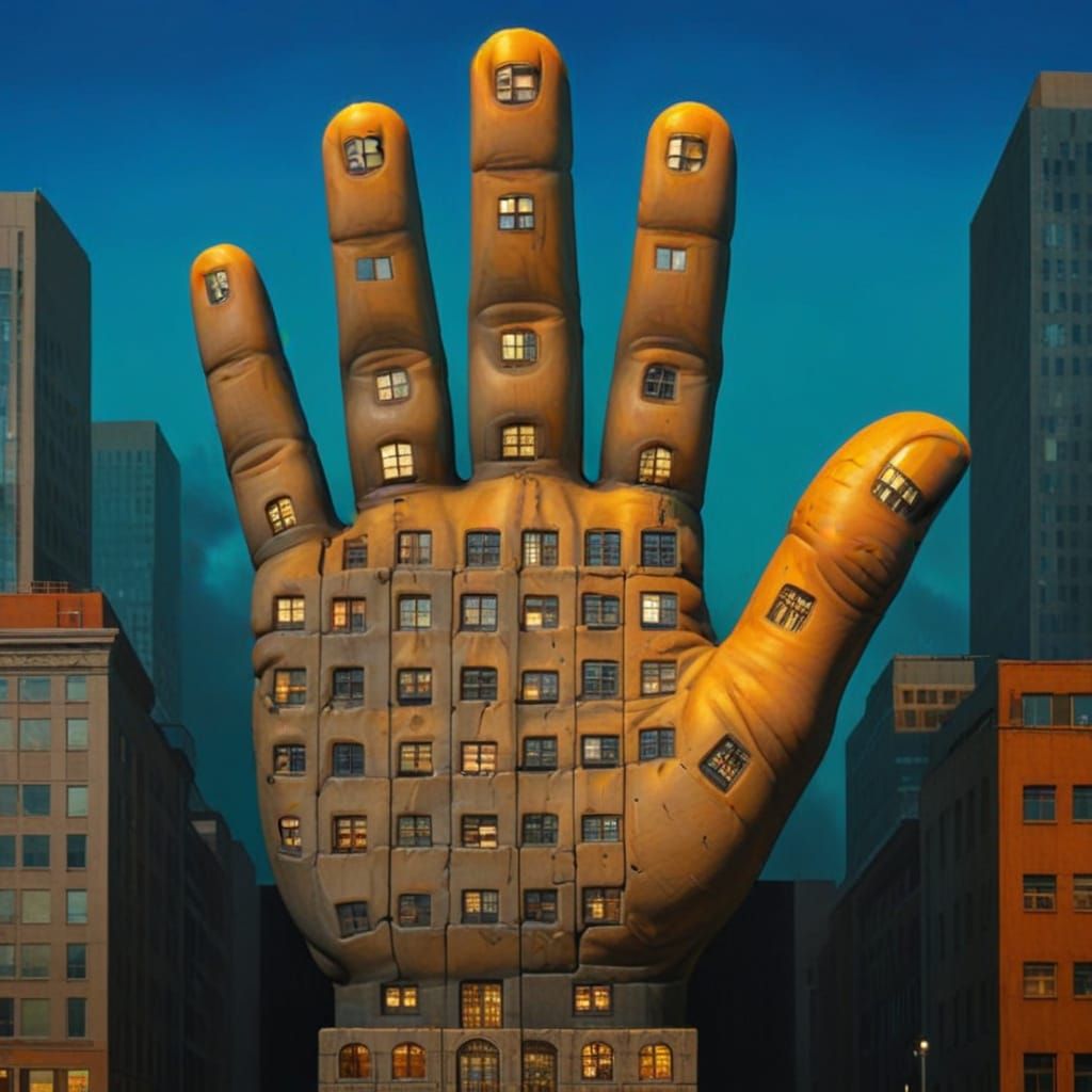 Stone Hand Cityscape: Photorealistic Digital Art