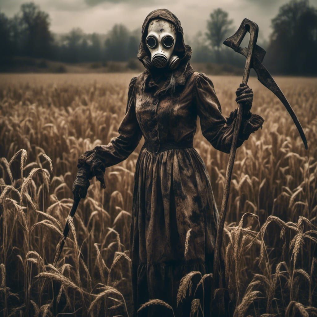 Haunted Farm Woman with Scythe in Farm Horror Style