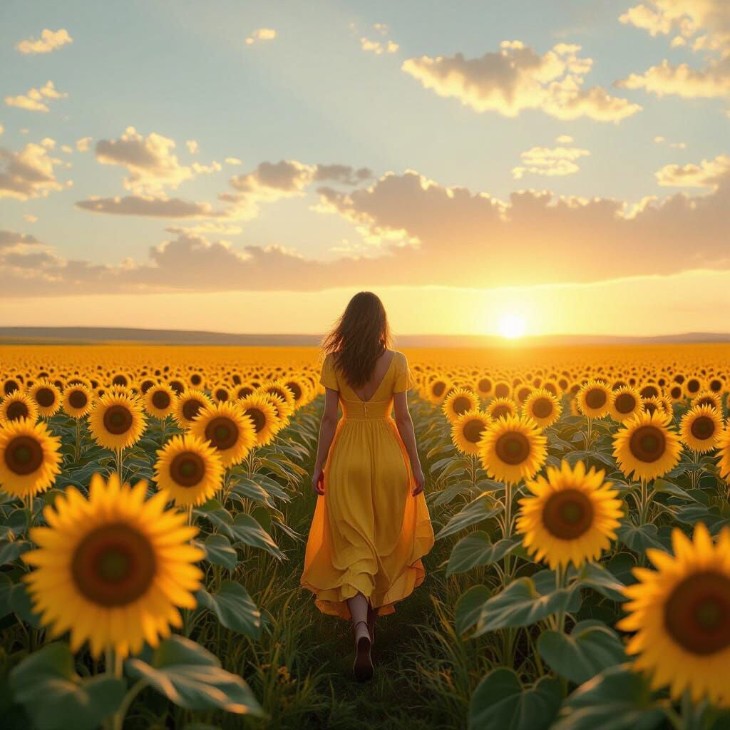 Woman in Sunflowers Field Digital Matte Painting