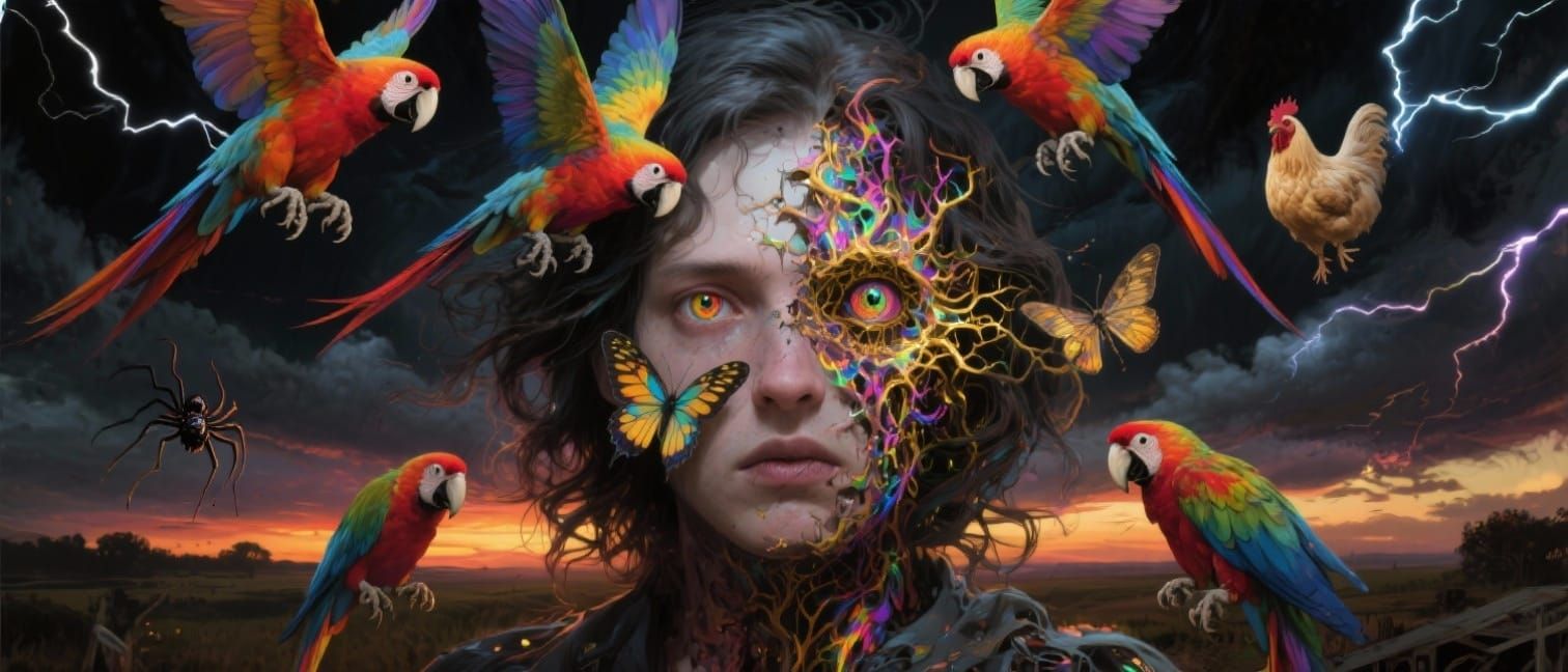 Human Face Transforms into Rainbow Macaws