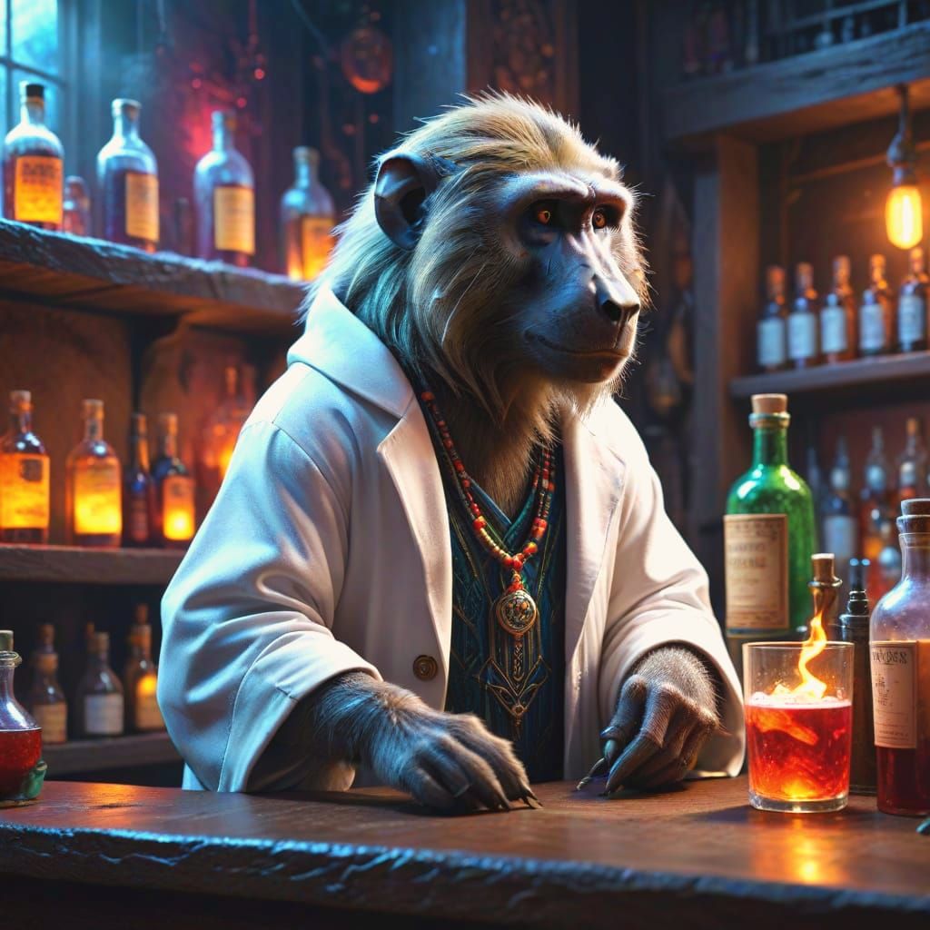 Baboon Bartender in an Apothecary Shop