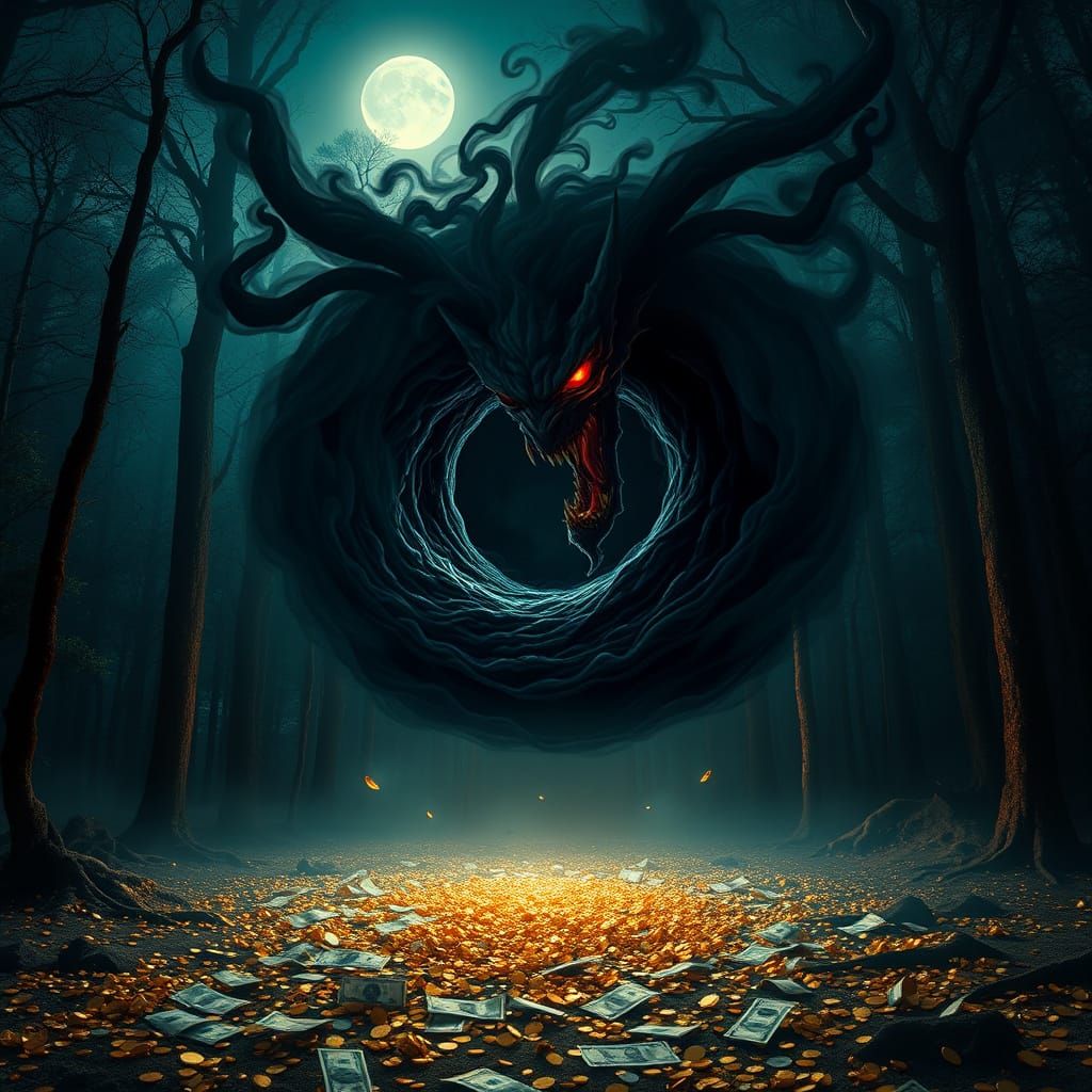 Ominous Demon Levitates Over Treasures in Dark Mystical Fore...