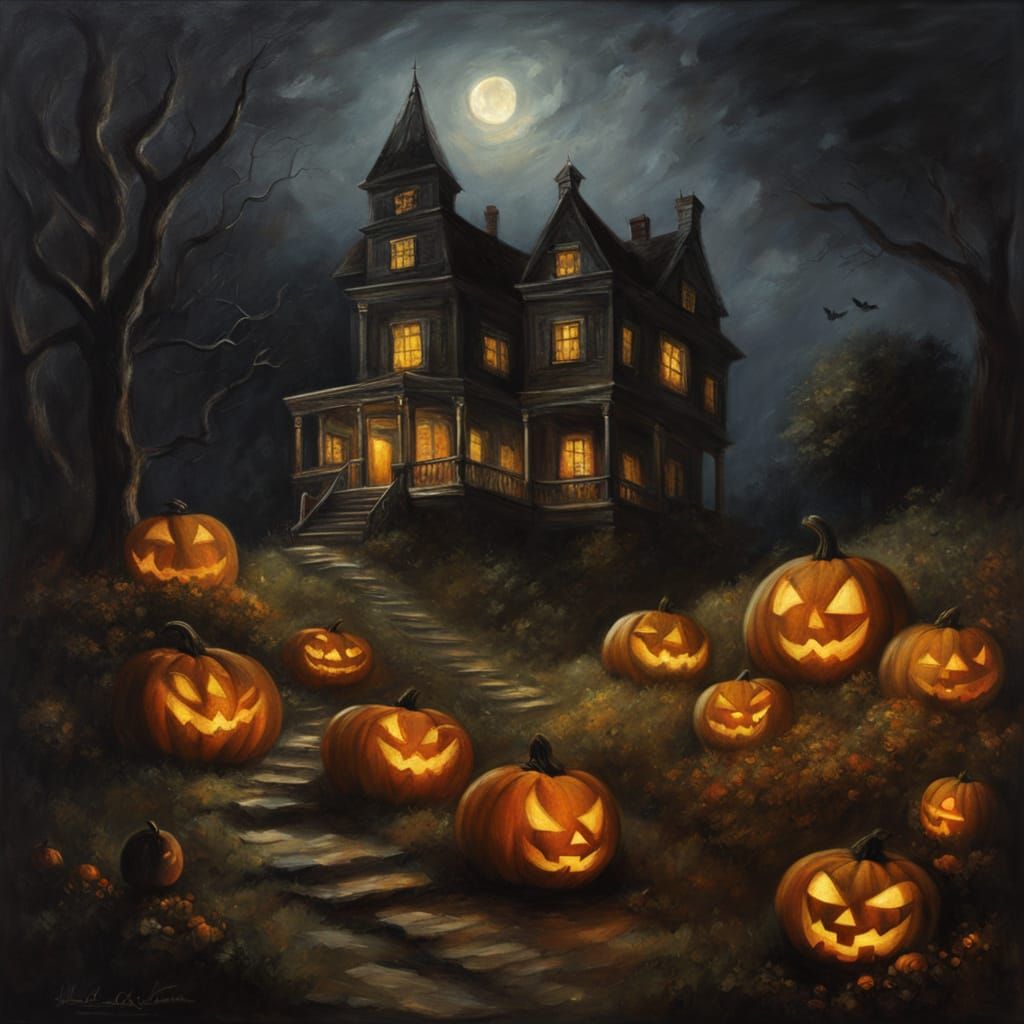 Haunted House Halloween Oil Painting with Spectral Figures