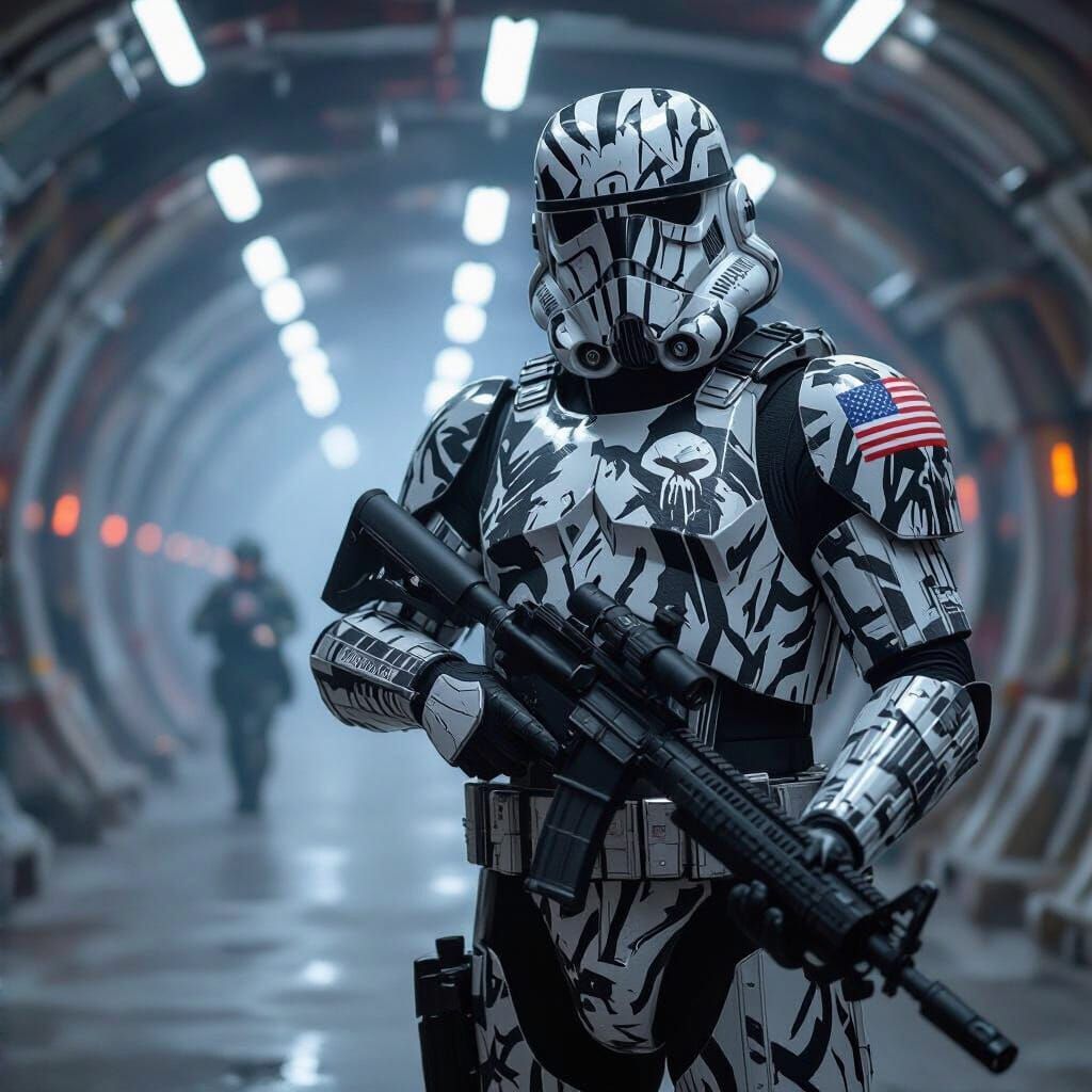 Stormtrooper Goddess of Ice in Gritty Military Base