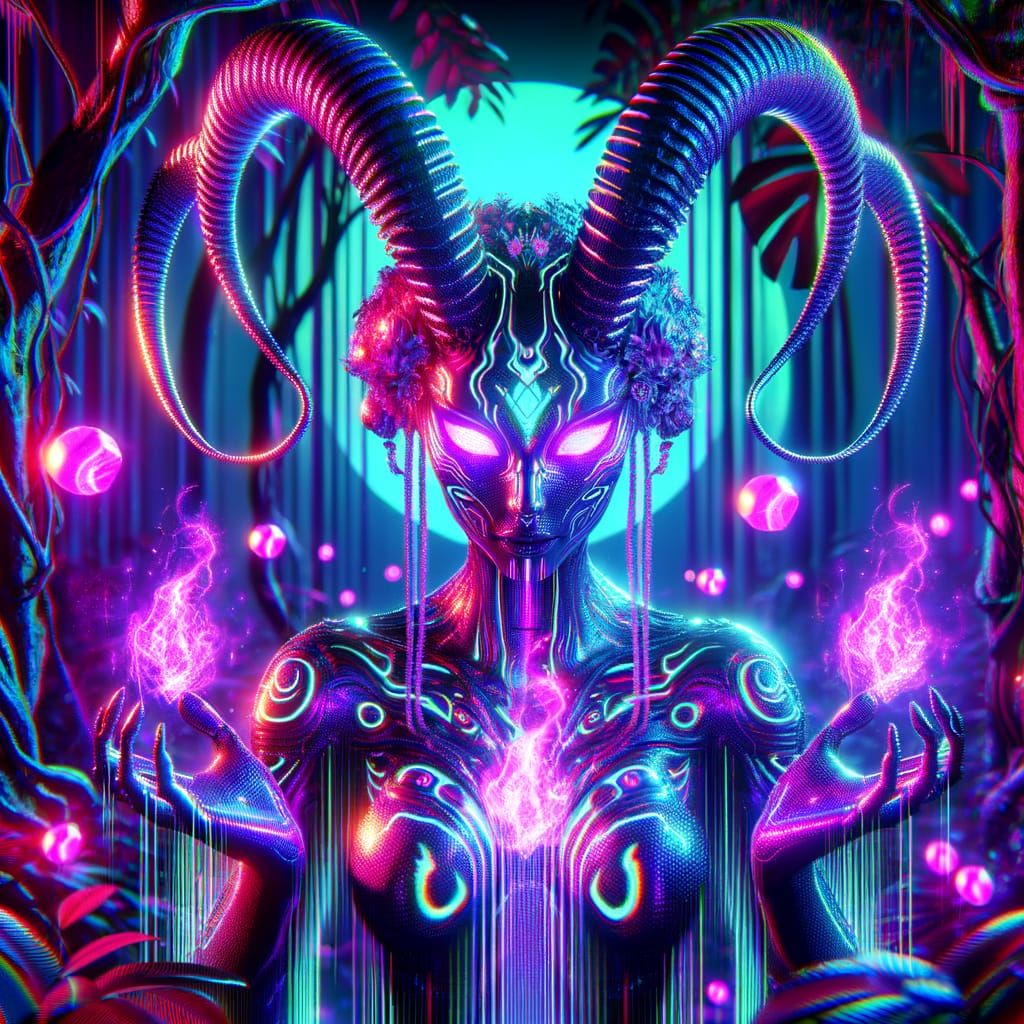 Holographic Mantis Deity in Neon Jungle with Tribal Tattoos