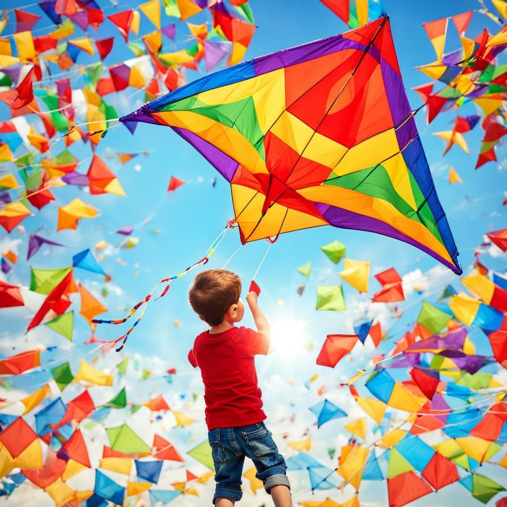 Boy Flying Colorful Kite on Sunny Day